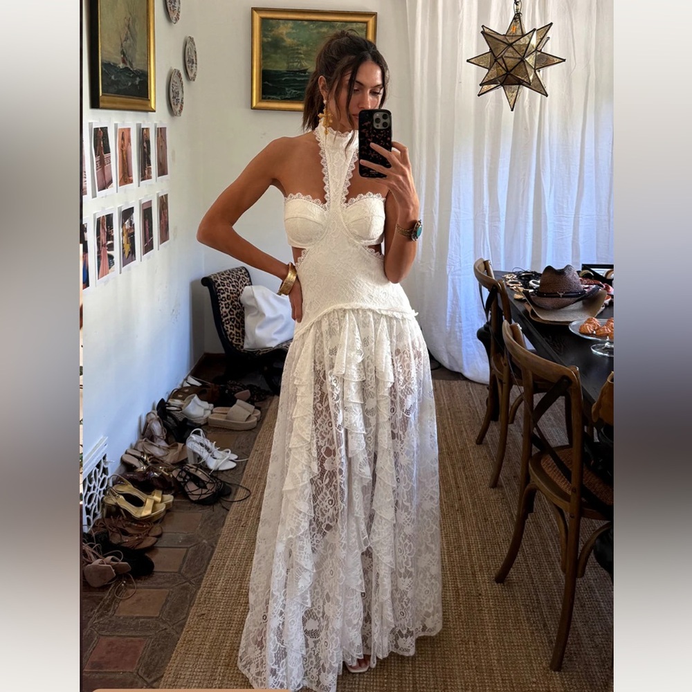 Princesa white lace drop waist maxi dress